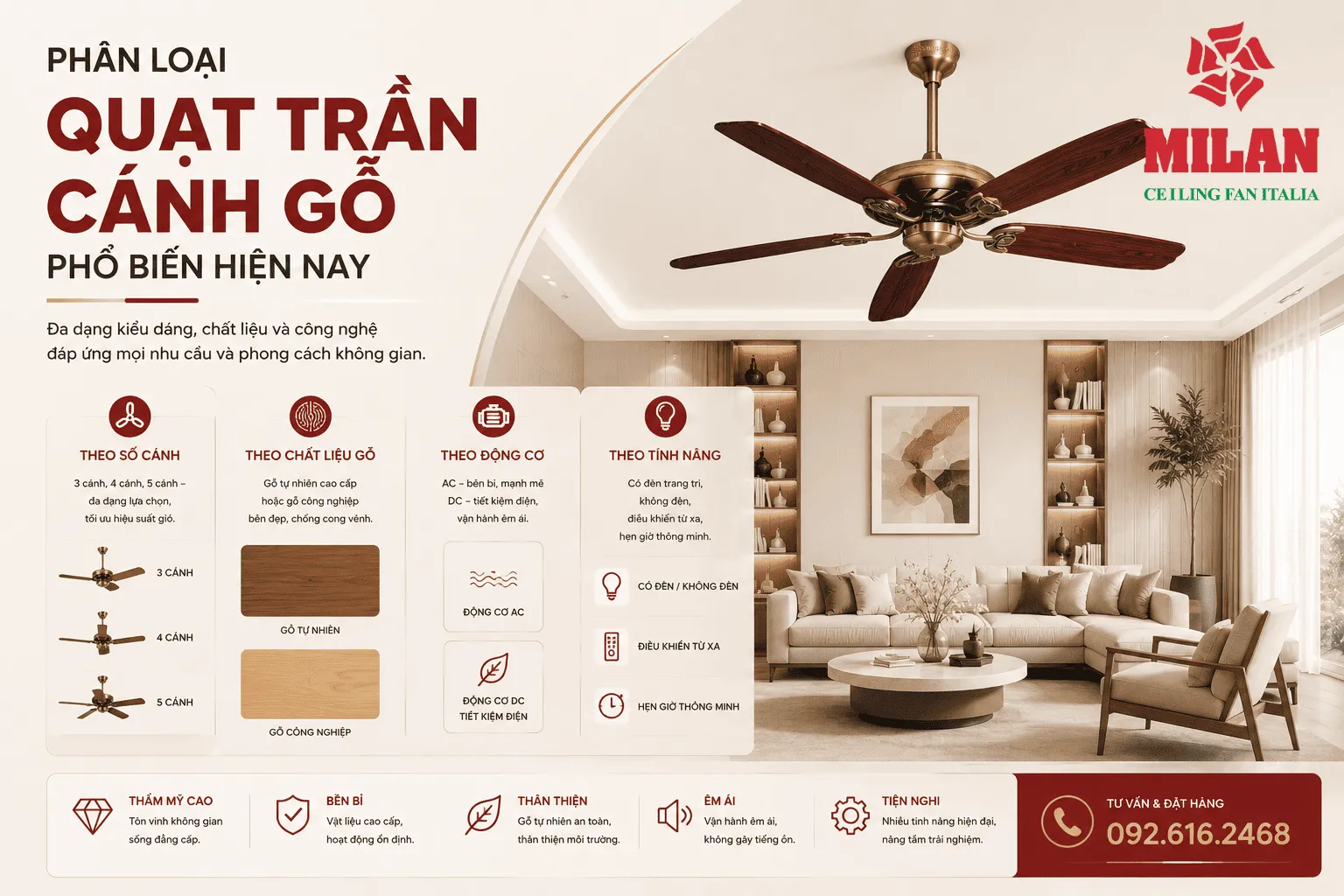 quạt trần cánh gỗ phổ biến